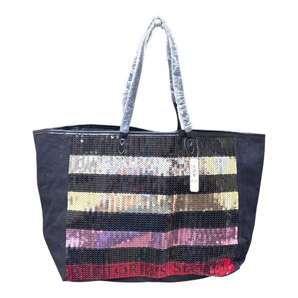 VICTORIA'S SECRET Large Travel Canvas/Sequin Striped Tote Bag Black W/ pouch New - Picture 2 of 14